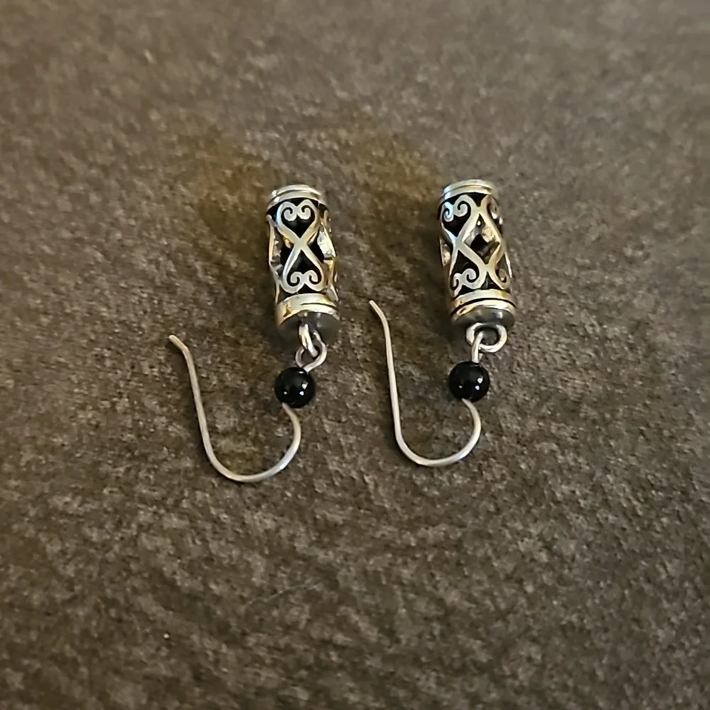 BRIGHTON Silver Plated Barrel Scroll Beaded Dangle Hook Earrings